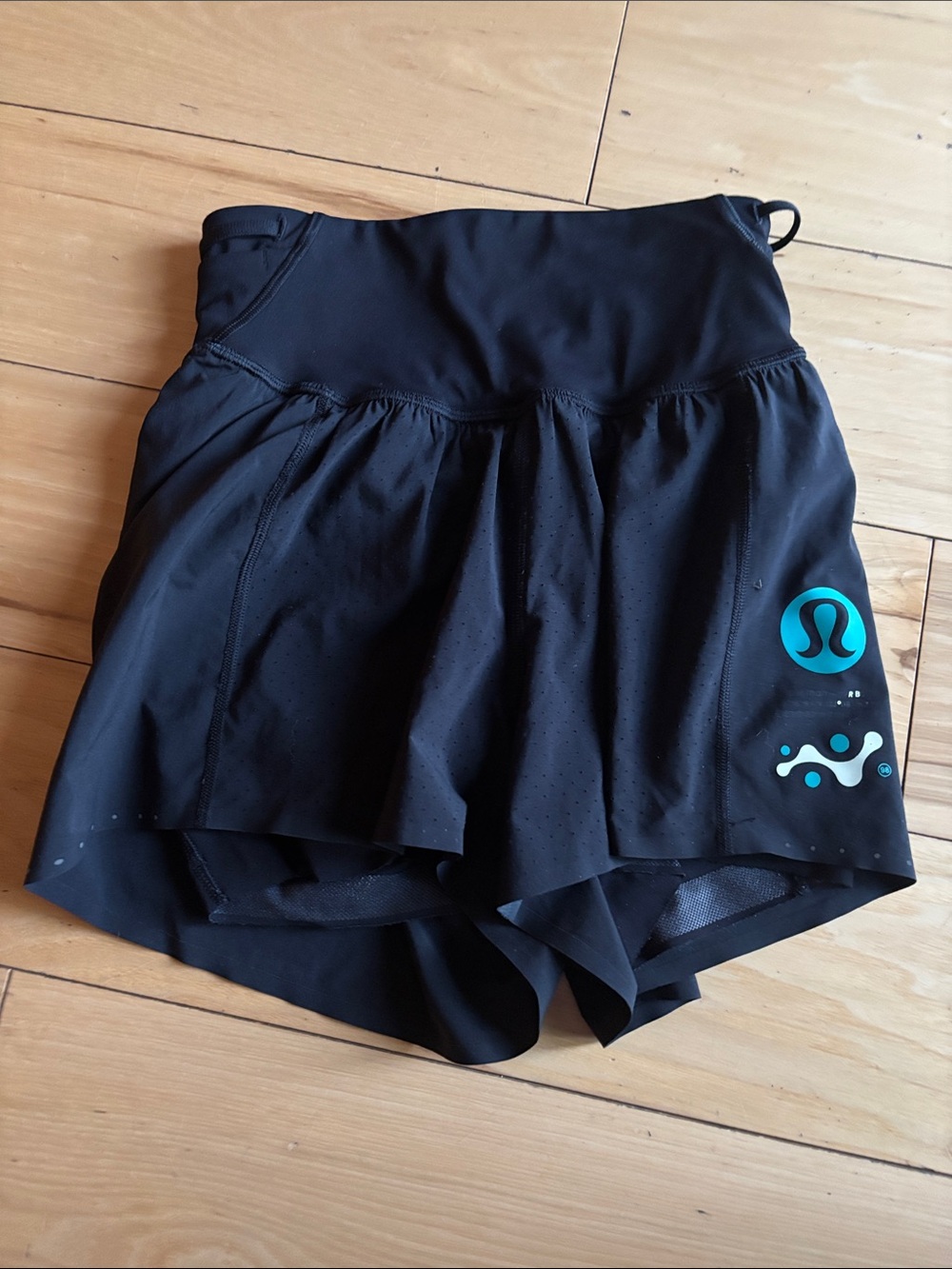 lululemon athletica Black Athletic Shorts with Liner Teal Logo